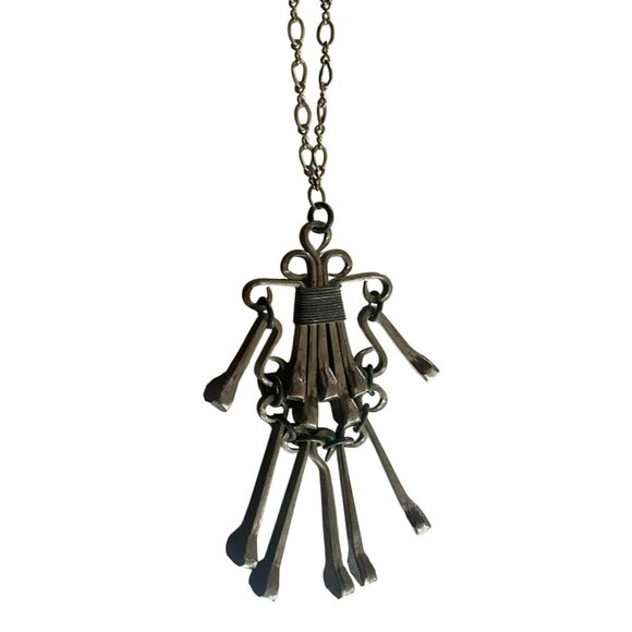 Artisan MCM Brutalist Modernist Silvertone Horseshoe Nail Necklace With Sculptur - Picture 1 of 8